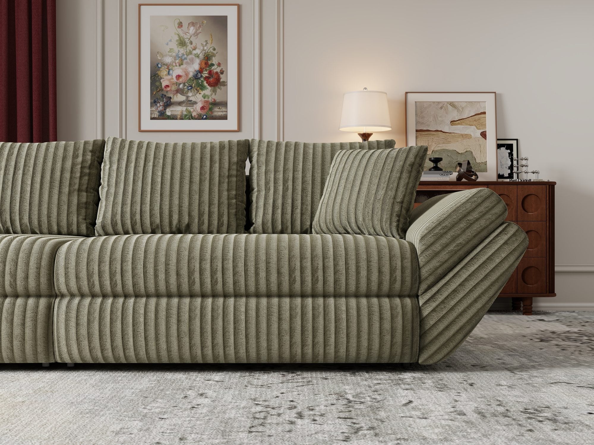 Canapea extensibilă dumonde cu ladă de depozitare si sezut confortabil din spuma high-density, Loana Tilia Verde olive 300x100 cm
