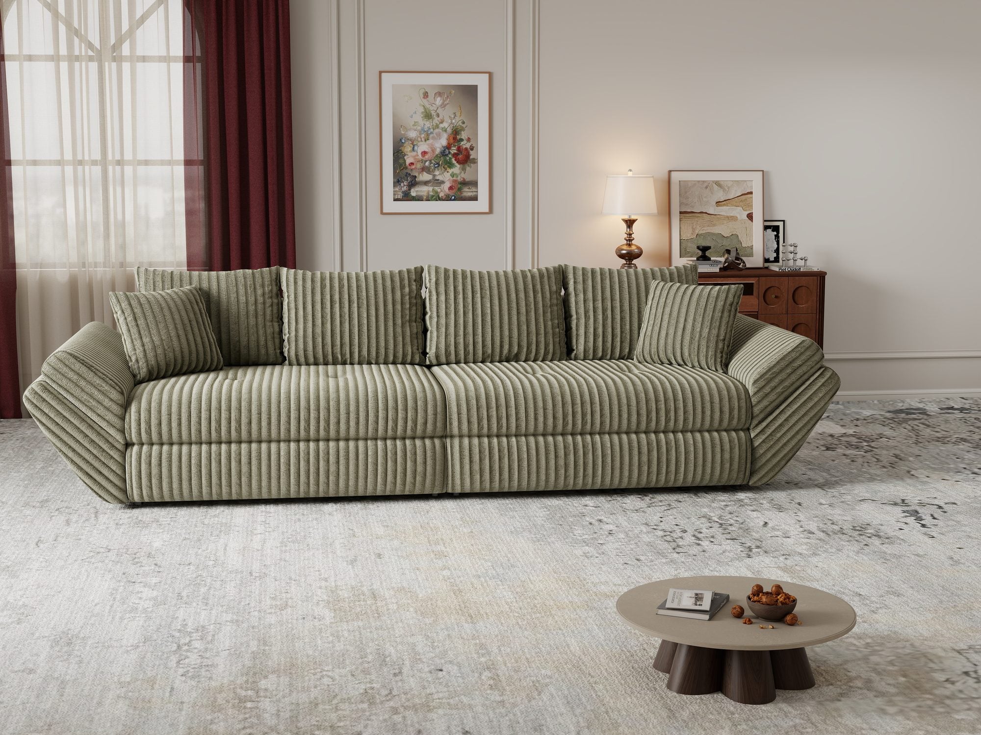 Canapea extensibilă dumonde cu ladă de depozitare si sezut confortabil din spuma high-density, Loana Tilia Verde olive 300x100 cm