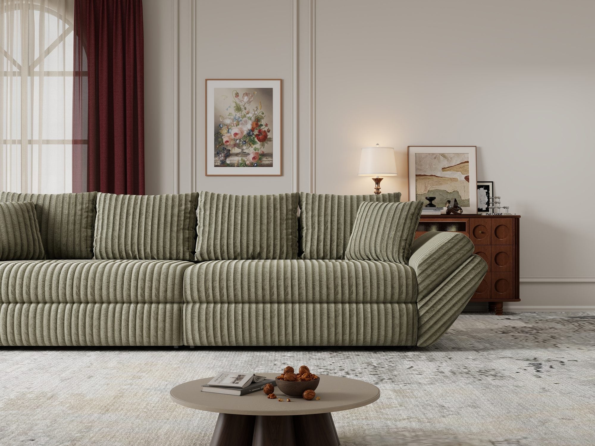 Canapea extensibilă dumonde cu ladă de depozitare si sezut confortabil din spuma high-density, Loana Tilia Verde olive 300x100 cm