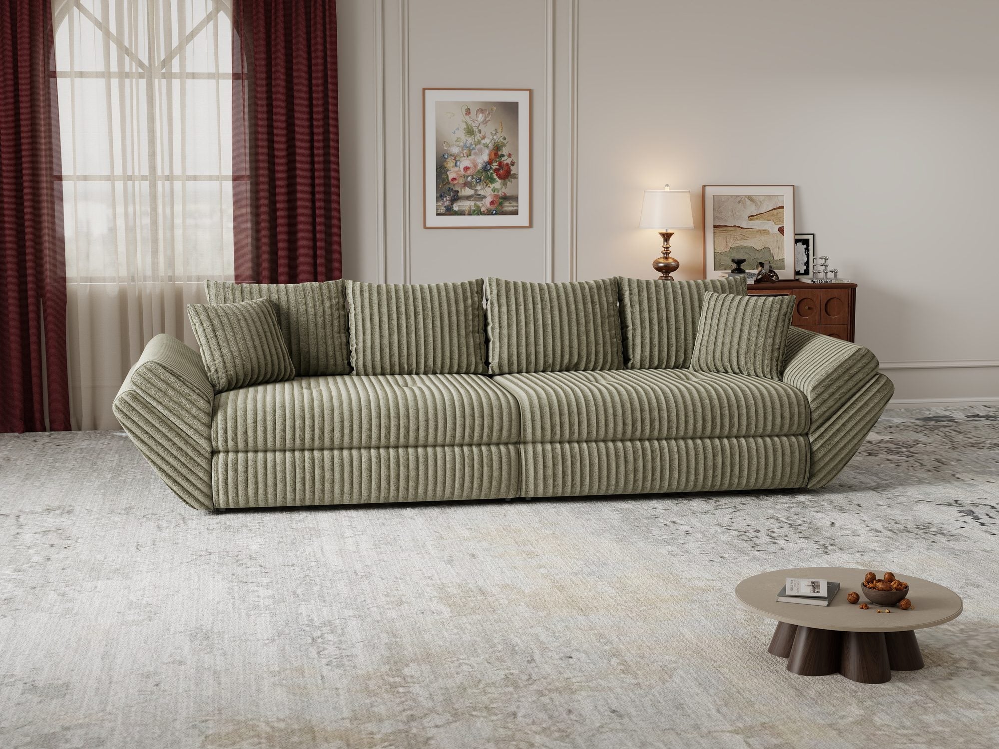 Canapea extensibilă dumonde cu ladă de depozitare si sezut confortabil din spuma high-density, Loana Tilia Verde olive 300x100 cm