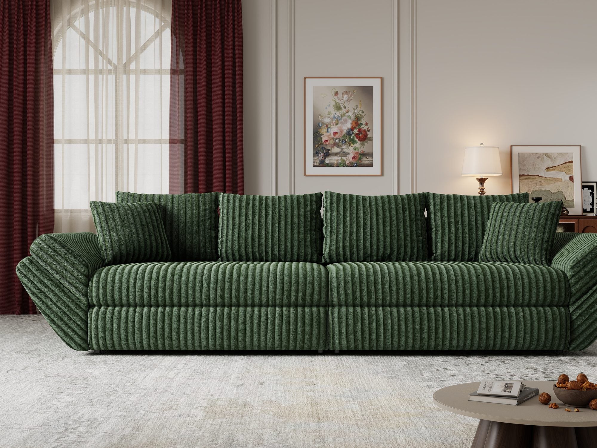 Canapea extensibilă dumonde cu ladă de depozitare si sezut confortabil din spuma high-density, Loana Tilia Verde 300x100 cm