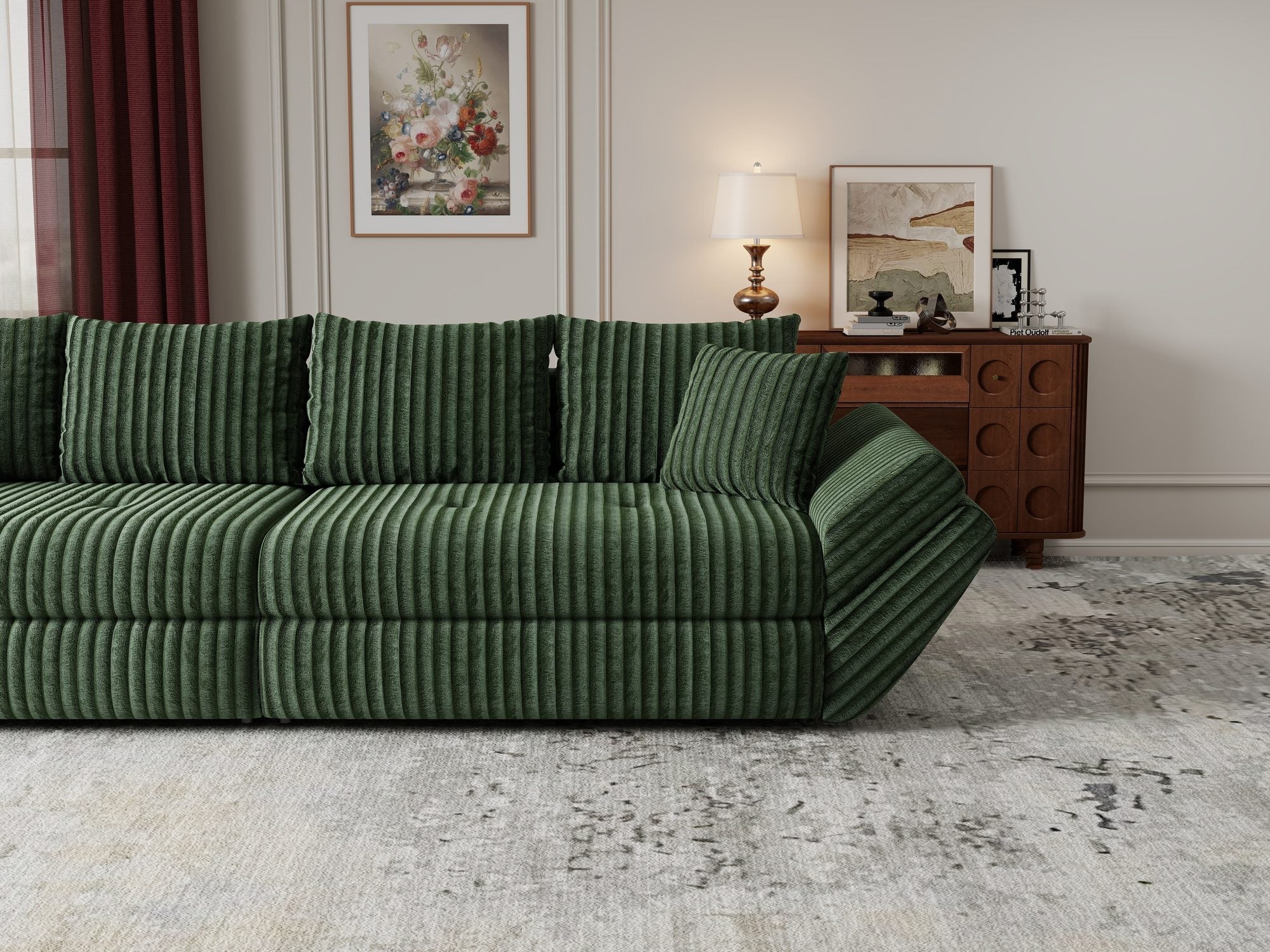 Canapea extensibilă dumonde cu ladă de depozitare si sezut confortabil din spuma high-density, Loana Tilia Verde 300x100 cm