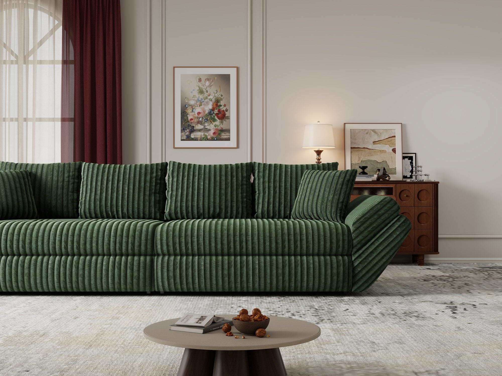 Canapea extensibilă dumonde cu ladă de depozitare si sezut confortabil din spuma high-density, Loana Tilia Verde 300x100 cm
