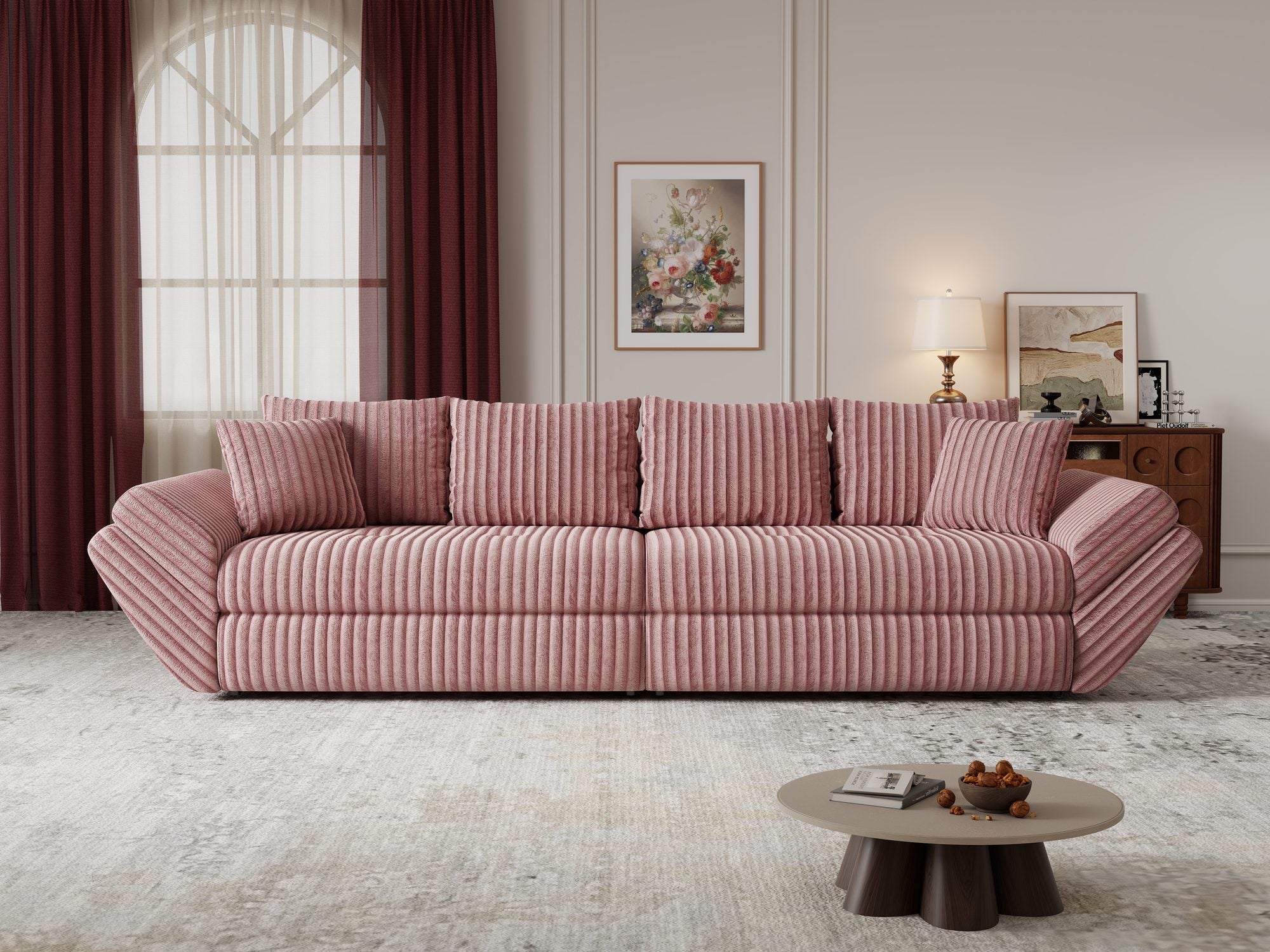 Canapea extensibilă dumonde cu ladă de depozitare si sezut confortabil din spuma high-density, Loana Tilia Roz pudrat 300x100 cm