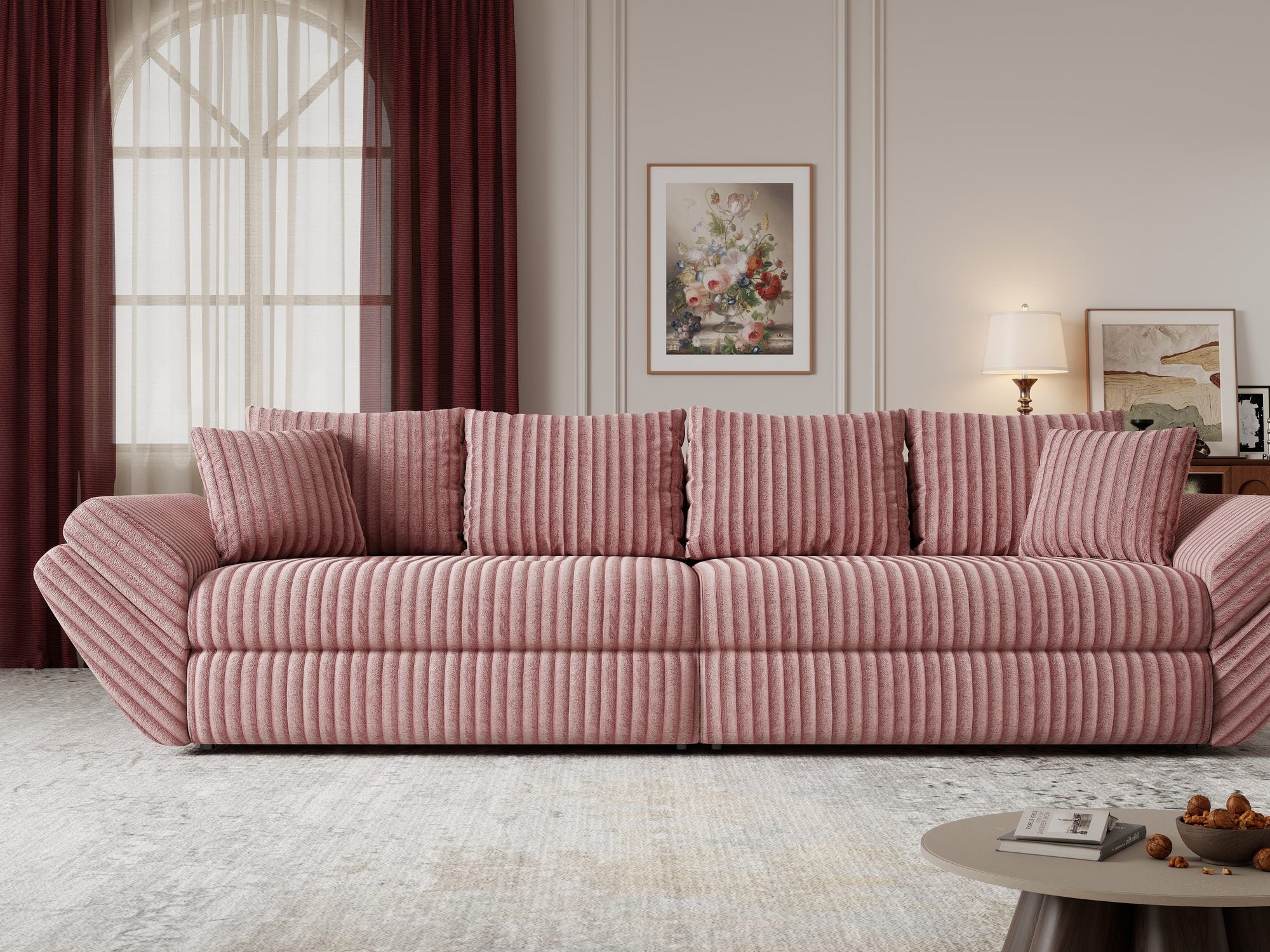 Canapea extensibilă dumonde cu ladă de depozitare si sezut confortabil din spuma high-density, Loana Tilia Roz pudrat 300x100 cm