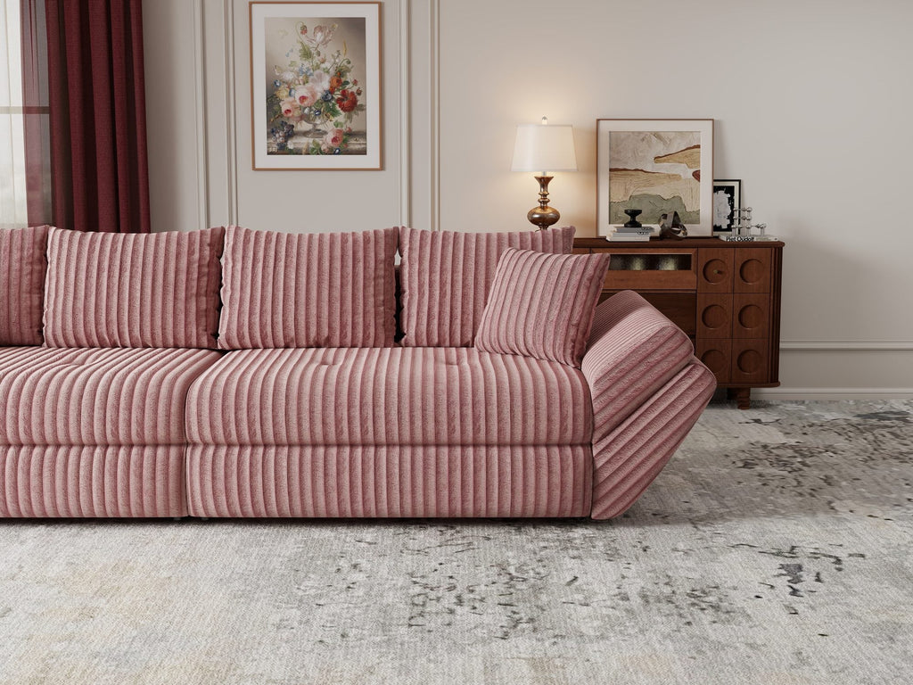 Canapea extensibilă dumonde cu ladă de depozitare si sezut confortabil din spuma high-density, Loana Tilia Roz pudrat 300x100 cm