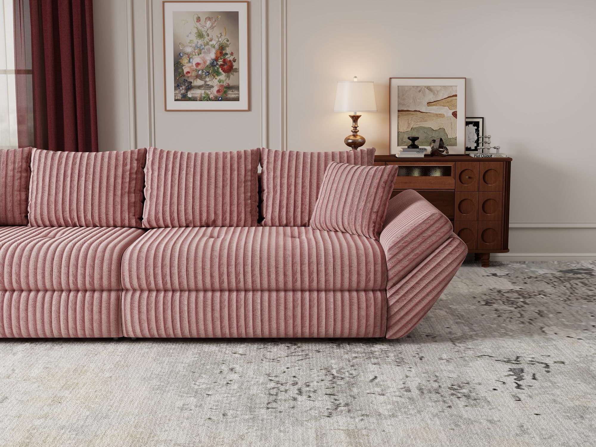 Canapea extensibilă dumonde cu ladă de depozitare si sezut confortabil din spuma high-density, Loana Tilia Roz pudrat 300x100 cm