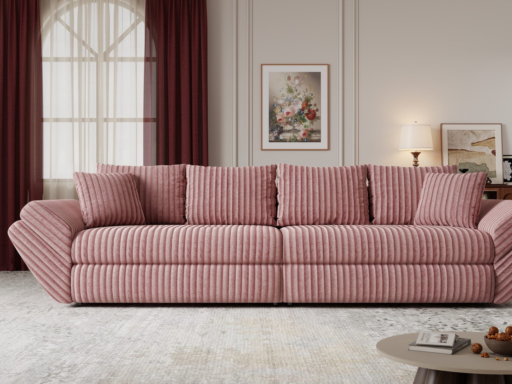 Canapea extensibilă dumonde cu ladă de depozitare si sezut confortabil din spuma high-density, Loana Tilia Roz pudrat 300x100 cm