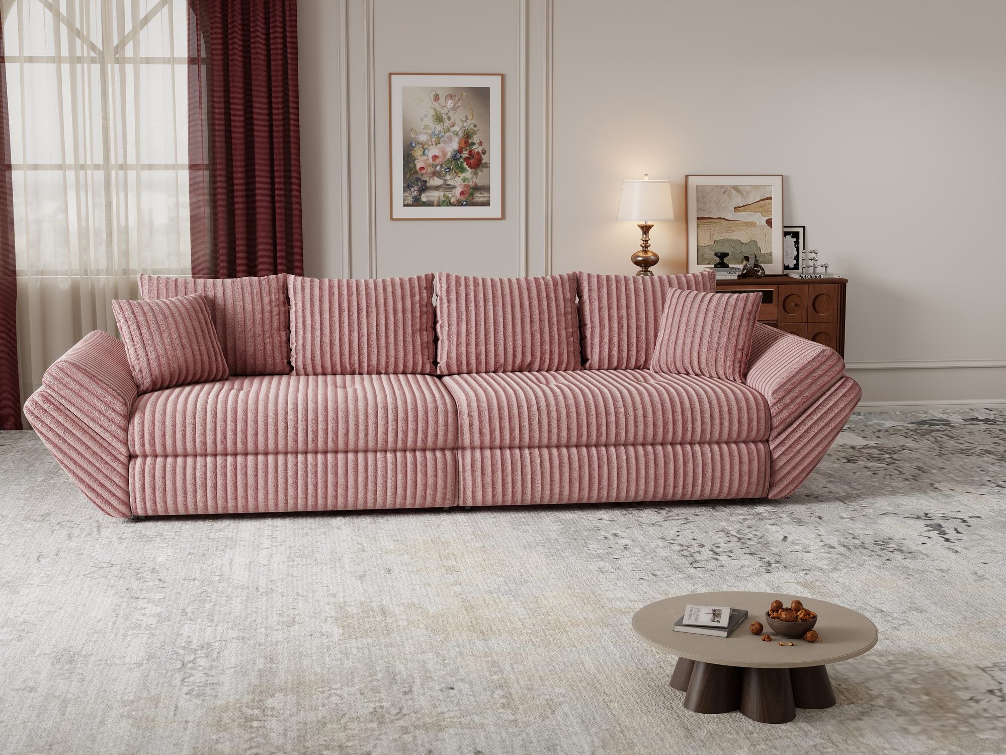 Canapea extensibilă dumonde cu ladă de depozitare si sezut confortabil din spuma high-density, Loana Tilia Roz pudrat 300x100 cm