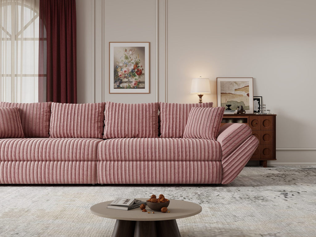 Canapea extensibilă dumonde cu ladă de depozitare si sezut confortabil din spuma high-density, Loana Tilia Roz pudrat 300x100 cm