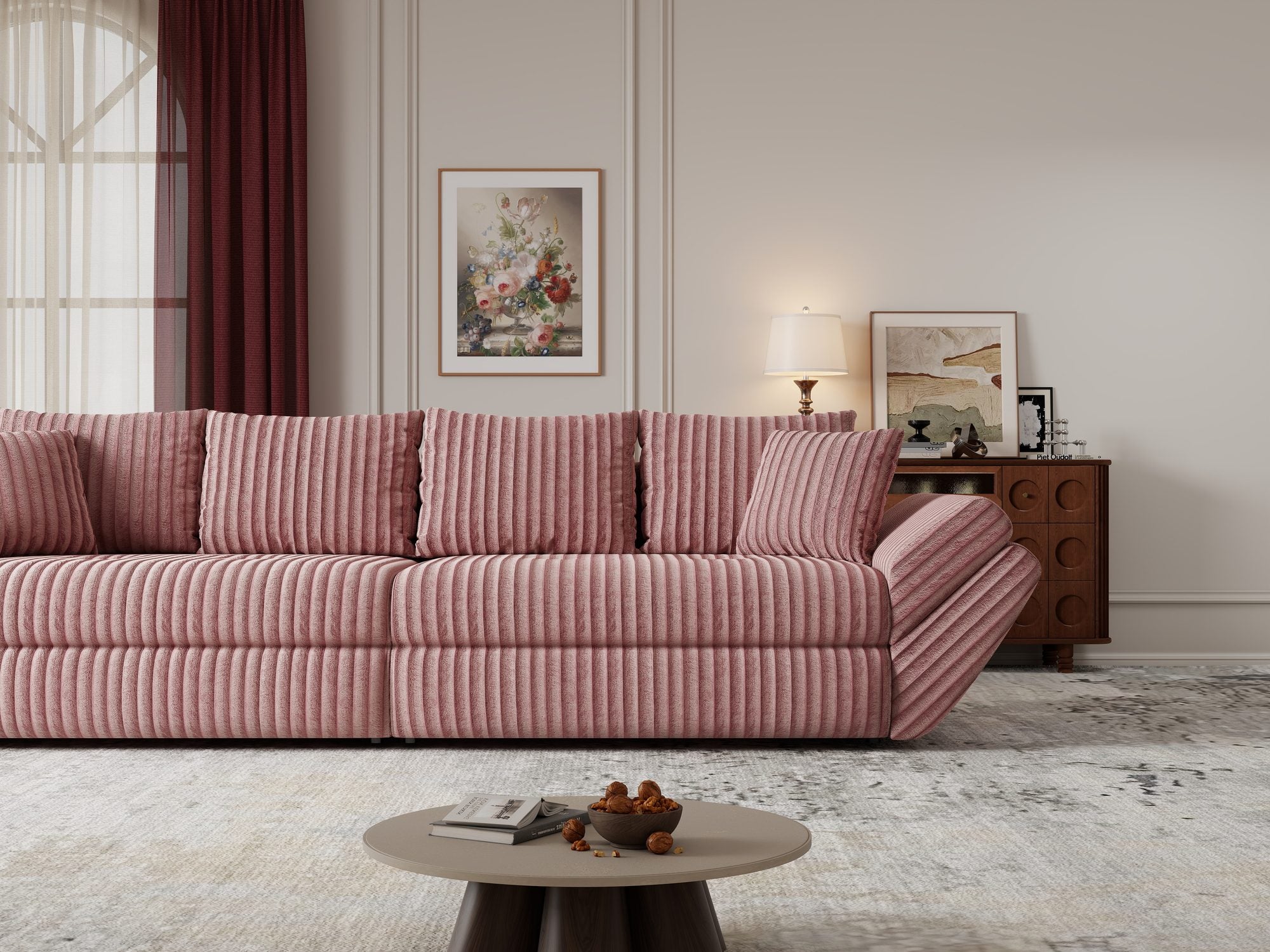 Canapea extensibilă dumonde cu ladă de depozitare si sezut confortabil din spuma high-density, Loana Tilia Roz pudrat 300x100 cm