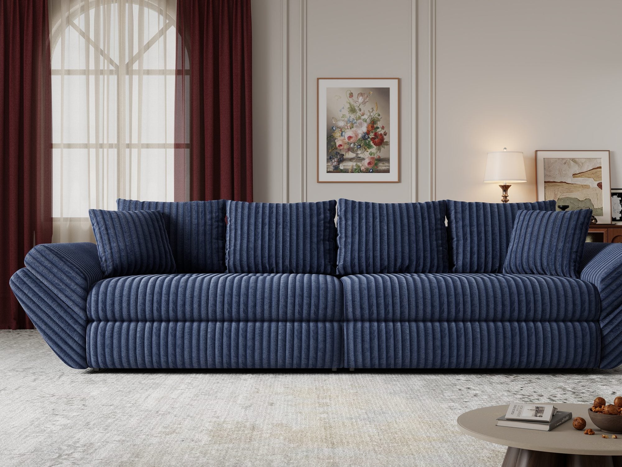 Canapea extensibilă dumonde cu ladă de depozitare si sezut confortabil din spuma high-density, Loana Tilia Albastru 300x100 cm