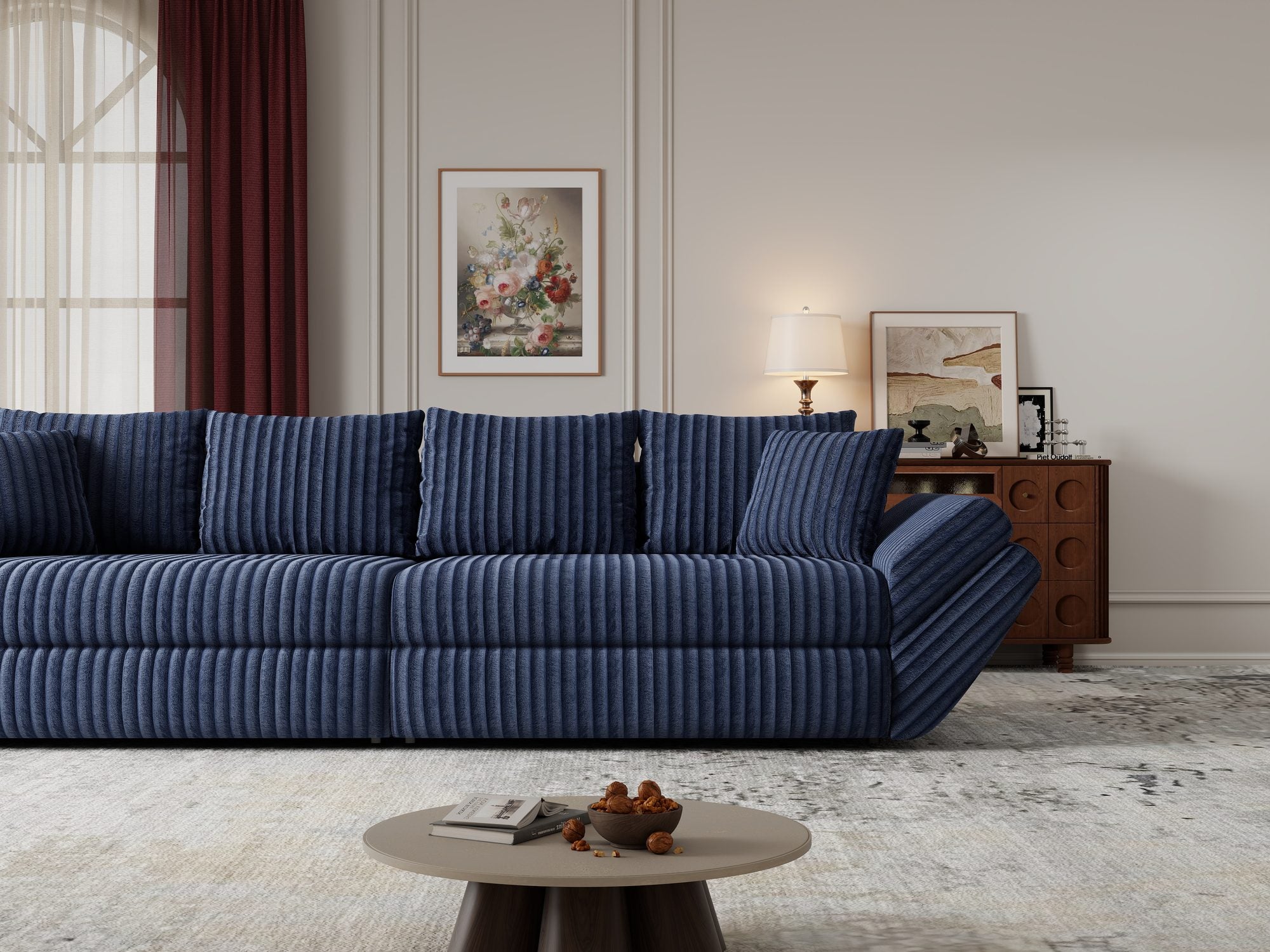 Canapea extensibilă dumonde cu ladă de depozitare si sezut confortabil din spuma high-density, Loana Tilia Albastru 300x100 cm