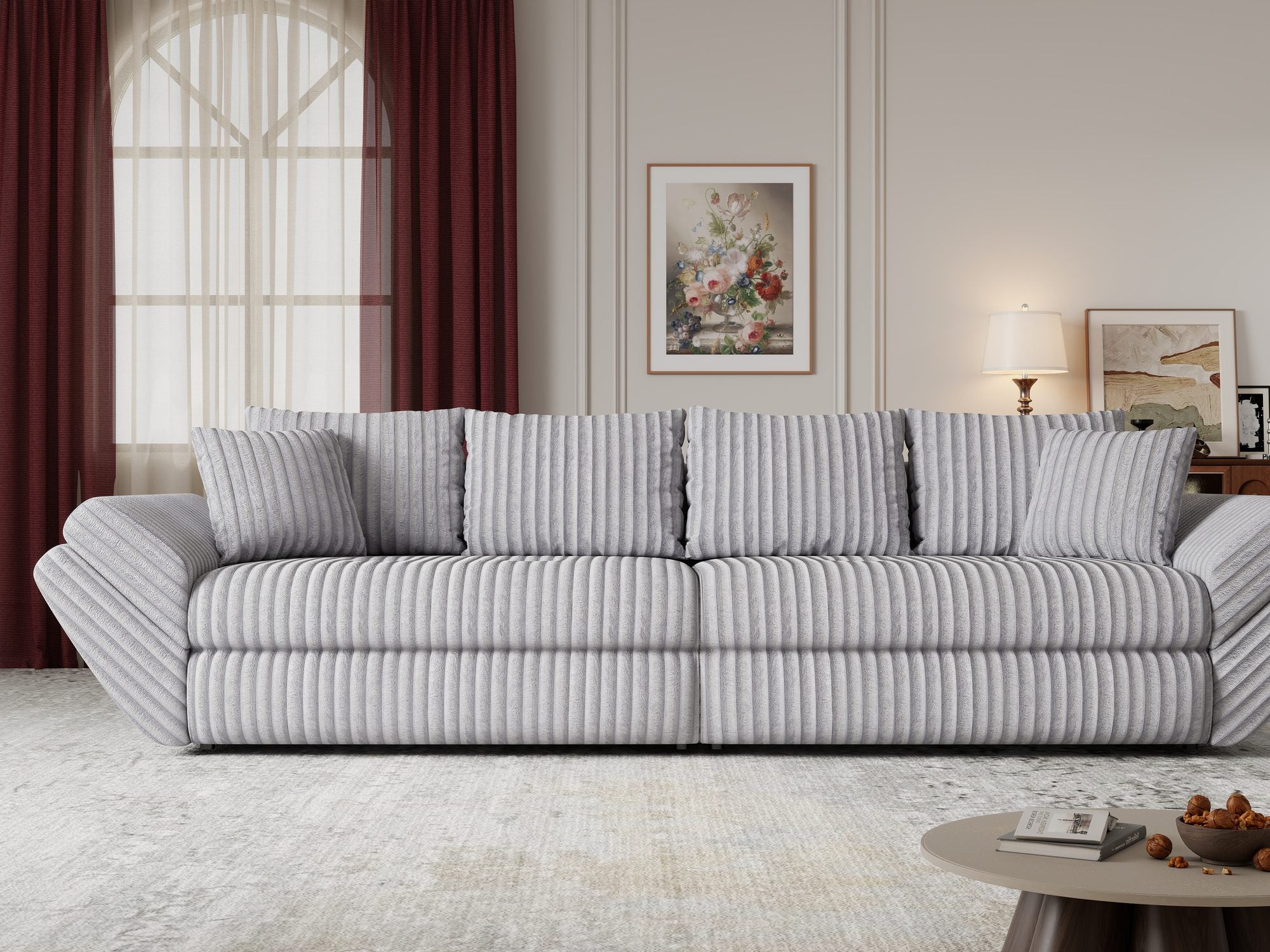 Canapea extensibilă dumonde cu ladă de depozitare si sezut confortabil din spuma high-density, Loana Tilia Gri 300x100 cm
