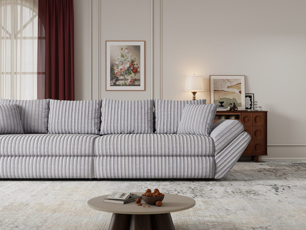 Canapea extensibilă dumonde cu ladă de depozitare si sezut confortabil din spuma high-density, Loana Tilia Gri 300x100 cm