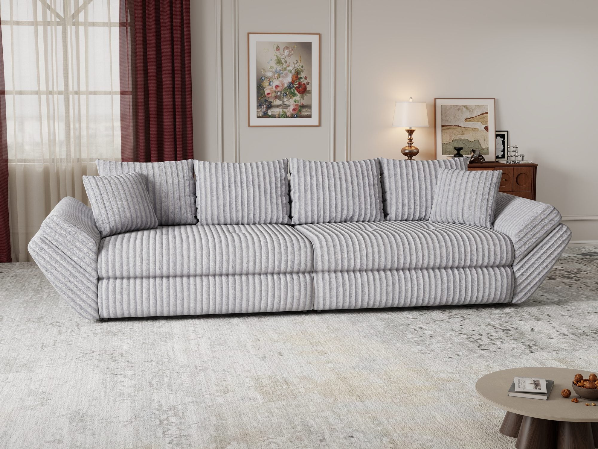 Canapea extensibilă dumonde cu ladă de depozitare si sezut confortabil din spuma high-density, Loana Tilia Gri 300x100 cm