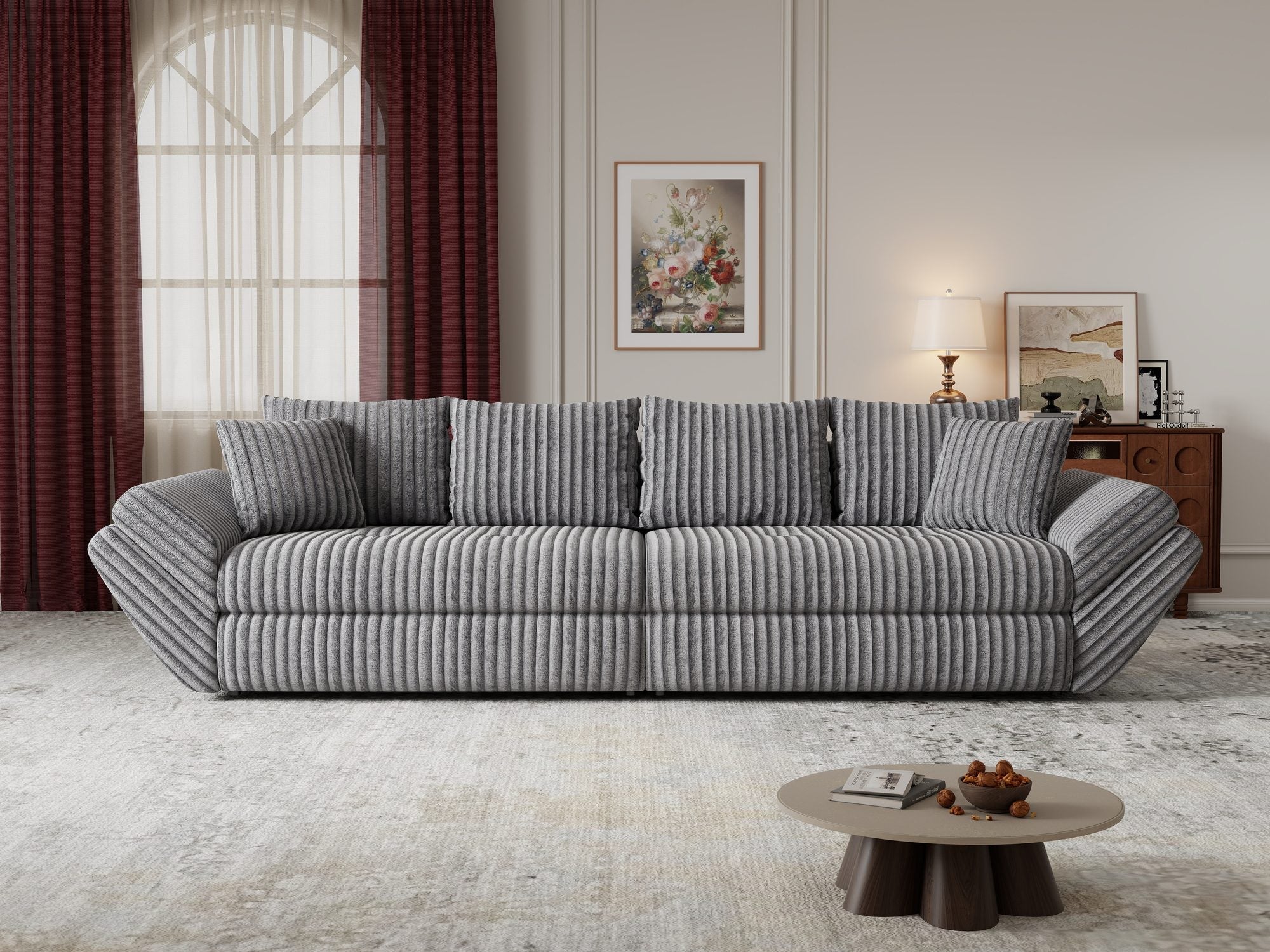 Canapea extensibilă dumonde cu ladă de depozitare si sezut confortabil din spuma high-density, Loana Tilia Gri 300x100 cm