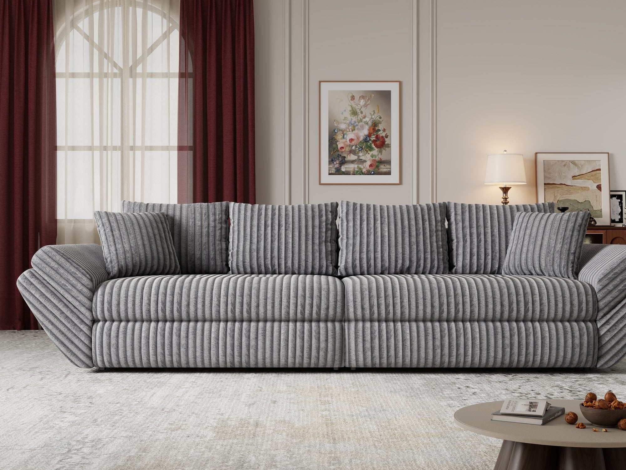 Canapea extensibilă dumonde cu ladă de depozitare si sezut confortabil din spuma high-density, Loana Tilia Gri 300x100 cm