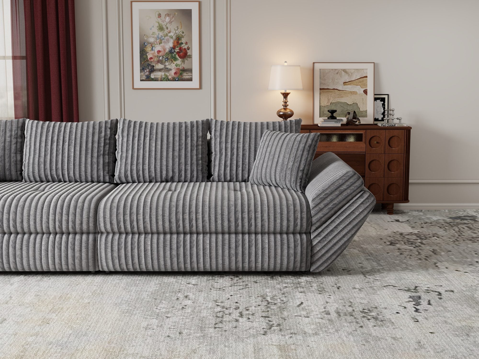 Canapea extensibilă dumonde cu ladă de depozitare si sezut confortabil din spuma high-density, Loana Tilia Gri 300x100 cm