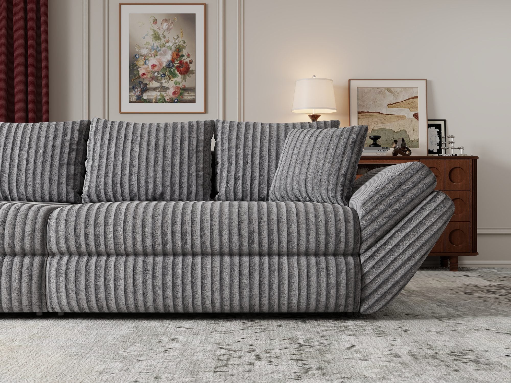Canapea extensibilă dumonde cu ladă de depozitare si sezut confortabil din spuma high-density, Loana Tilia Gri 300x100 cm