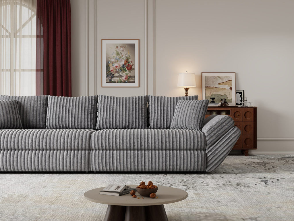 Canapea extensibilă dumonde cu ladă de depozitare si sezut confortabil din spuma high-density, Loana Tilia Gri 300x100 cm