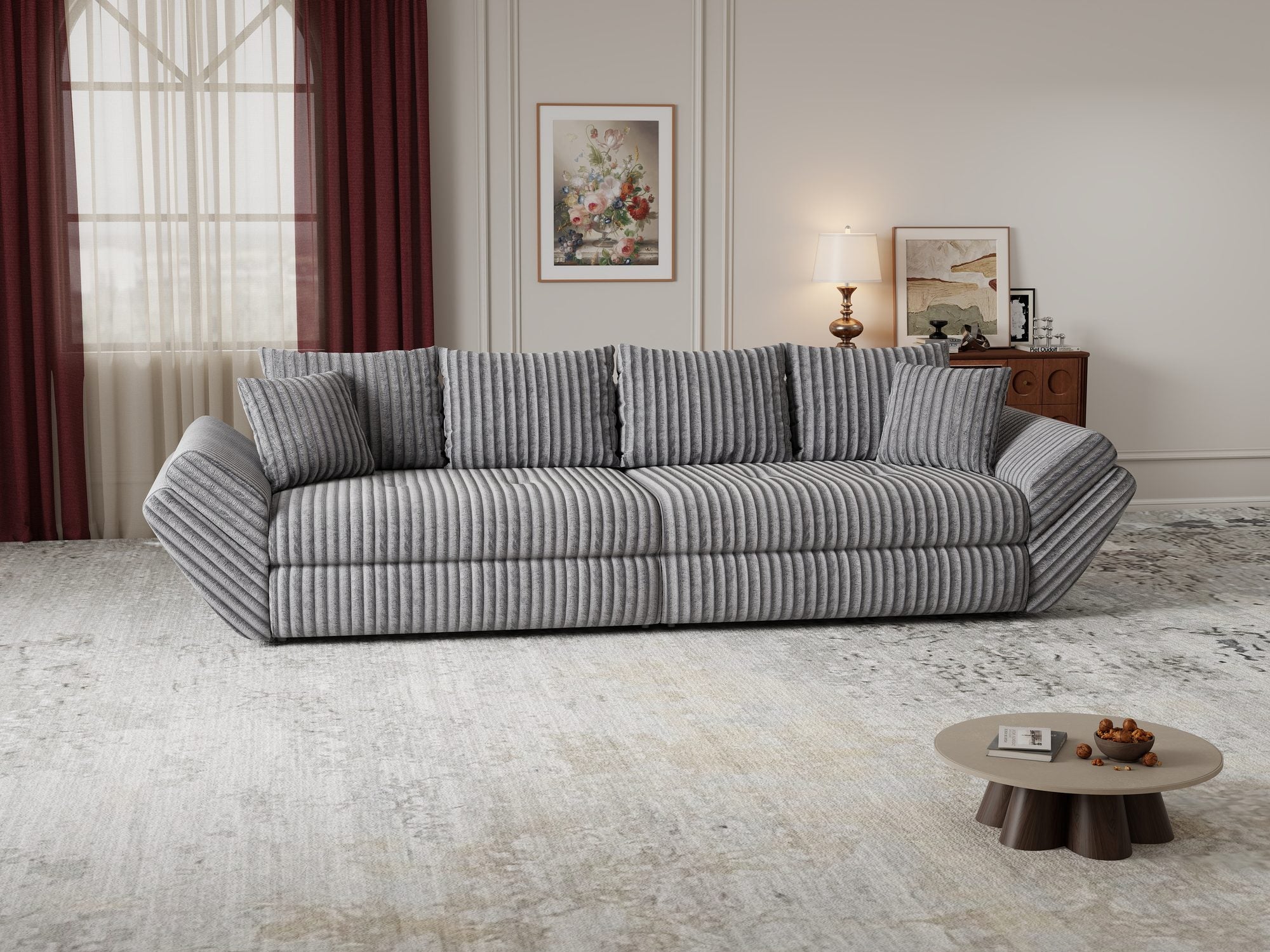 Canapea extensibilă dumonde cu ladă de depozitare si sezut confortabil din spuma high-density, Loana Tilia Gri 300x100 cm