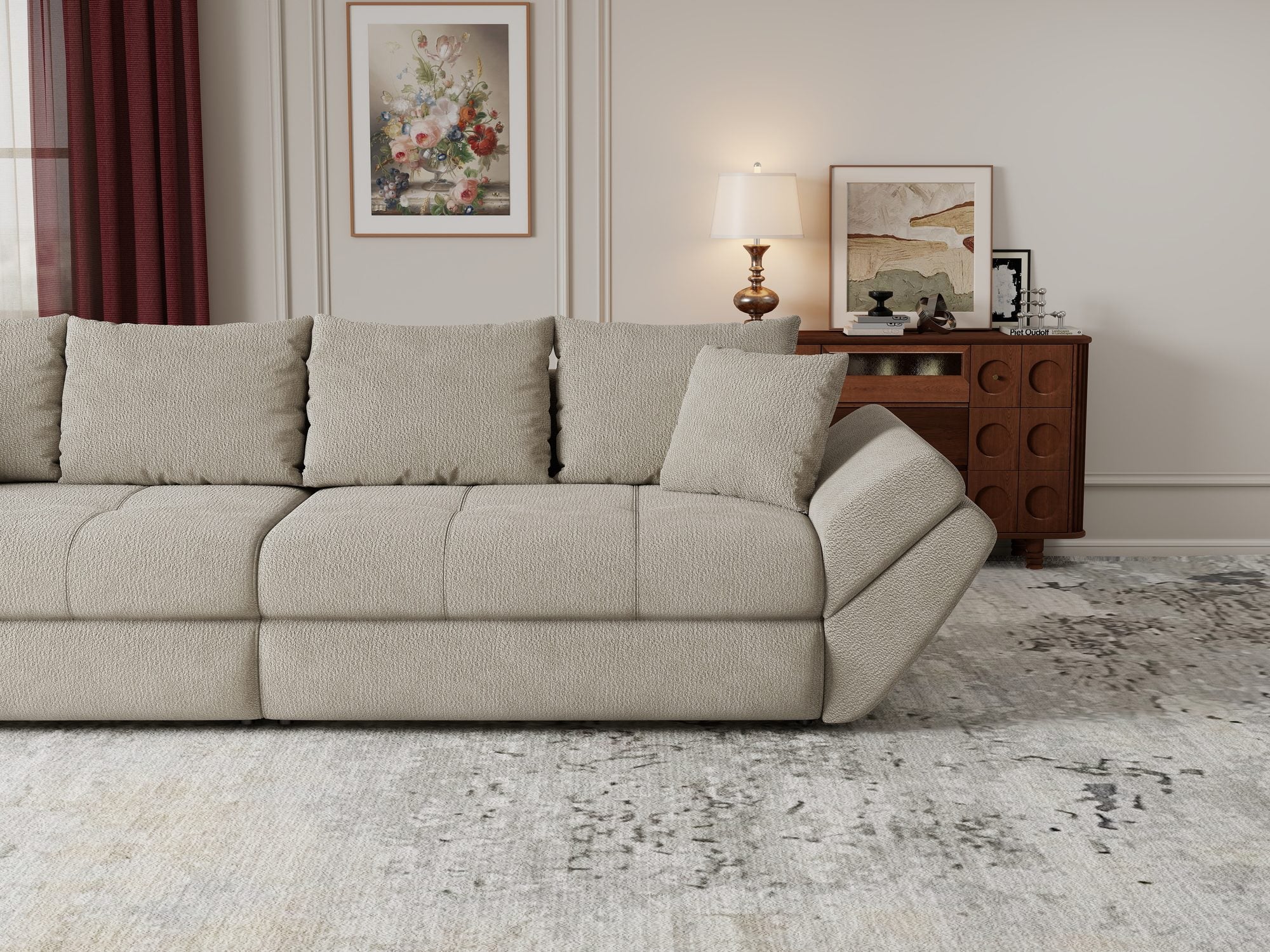 Canapea extensibilă dumonde cu ladă de depozitare si sezut confortabil din spuma high-density, Loana Vibe Bej 300x100 cm