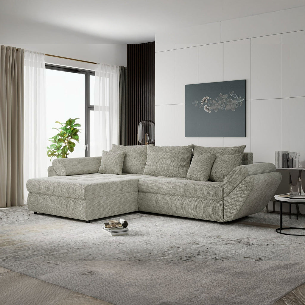Colțar extensibil dumonde cu ladă de depozitare si sezut confortabil din spuma high-density, Loana Cremona Bej 270x185 cm