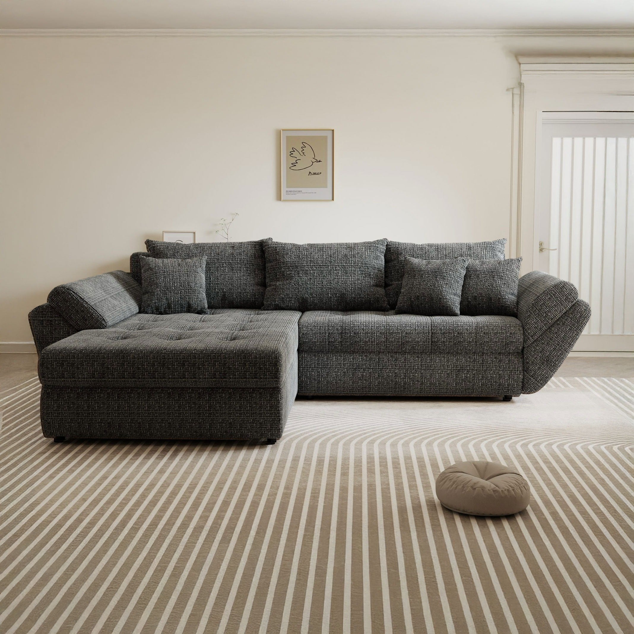 Colțar extensibil dumonde cu ladă de depozitare si sezut confortabil din spuma high-density, Loana Cremona Gri 270x185 cm