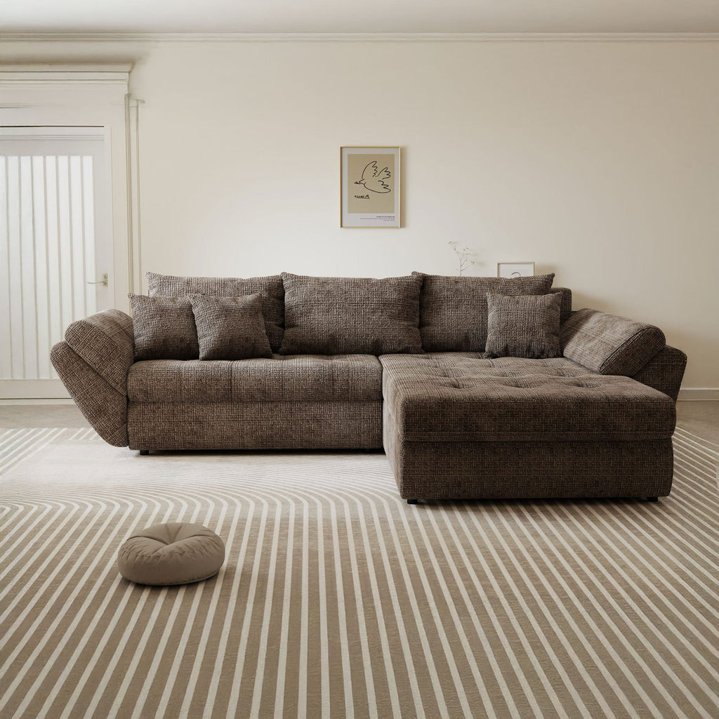 Colțar extensibil dumonde cu ladă de depozitare si sezut confortabil din spuma high-density, Loana Cremona Maro-bej II 270x185 cm