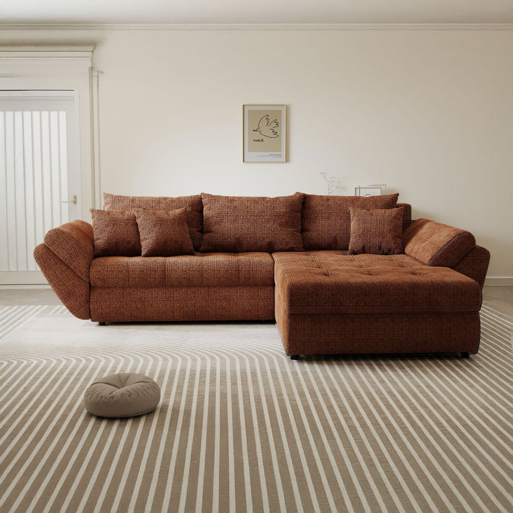 Colțar extensibil dumonde cu ladă de depozitare si sezut confortabil din spuma high-density, Loana Cremona Teracota II 270x185 cm