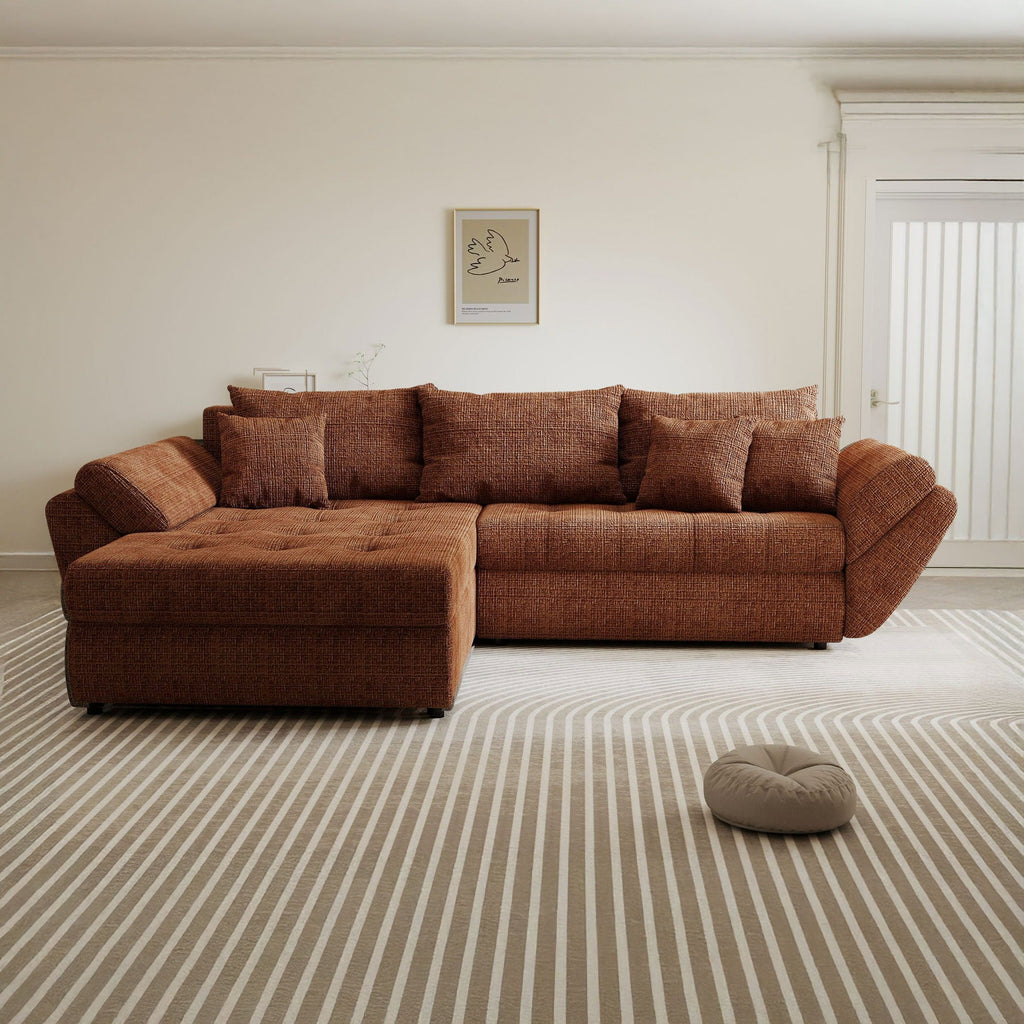 Colțar extensibil dumonde cu ladă de depozitare si sezut confortabil din spuma high-density, Loana Cremona Teracota 270x185 cm