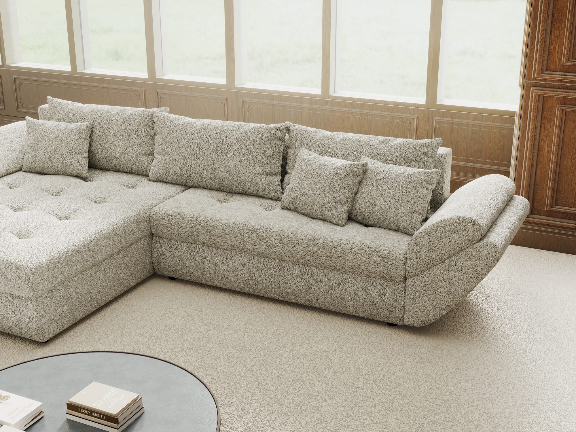 Colțar extensibil dumonde cu ladă de depozitare si sezut confortabil din spuma high-density, Loana Arena Gri 270x185 cm