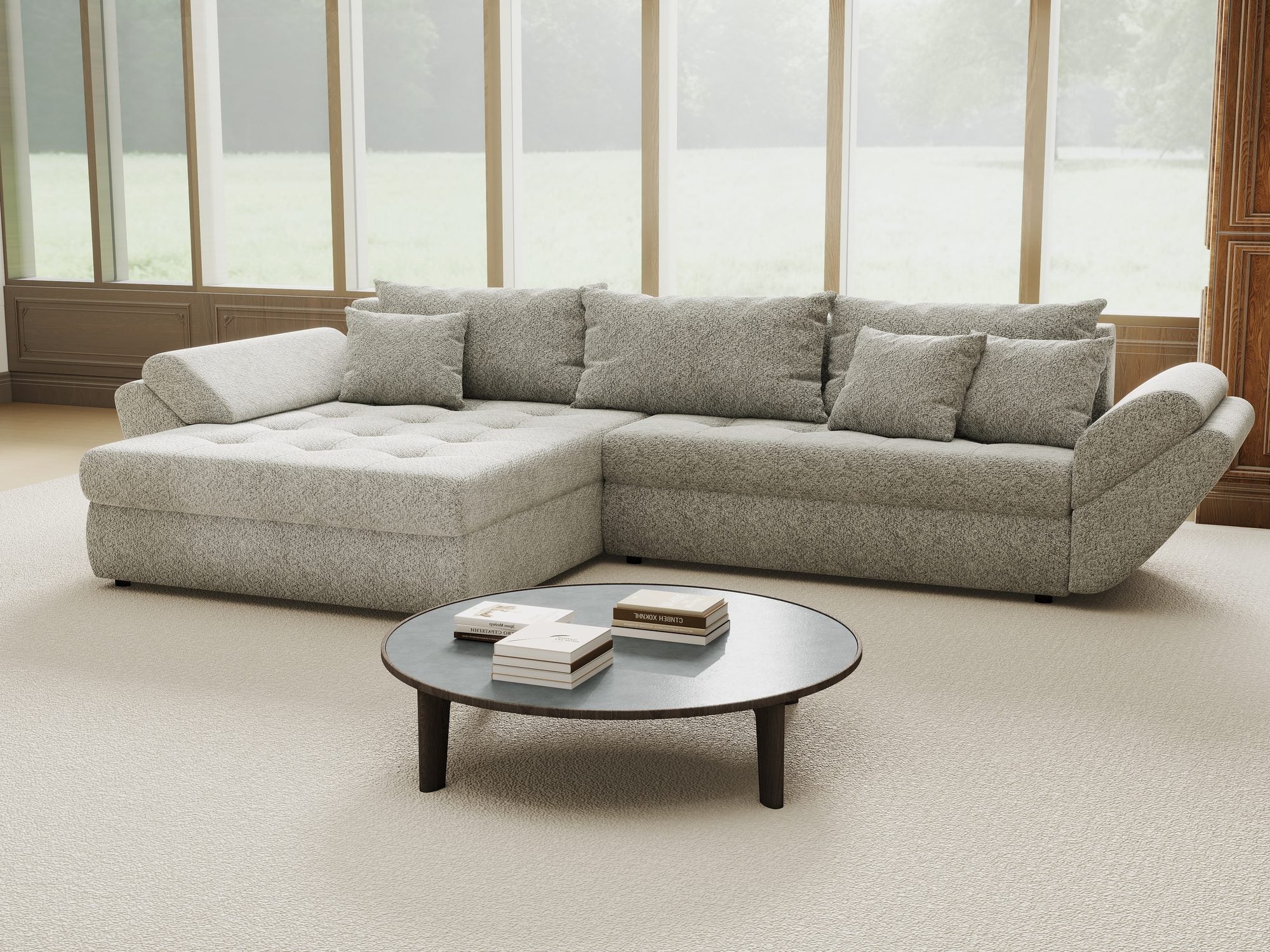 Colțar extensibil dumonde cu ladă de depozitare si sezut confortabil din spuma high-density, Loana Arena Gri 270x185 cm