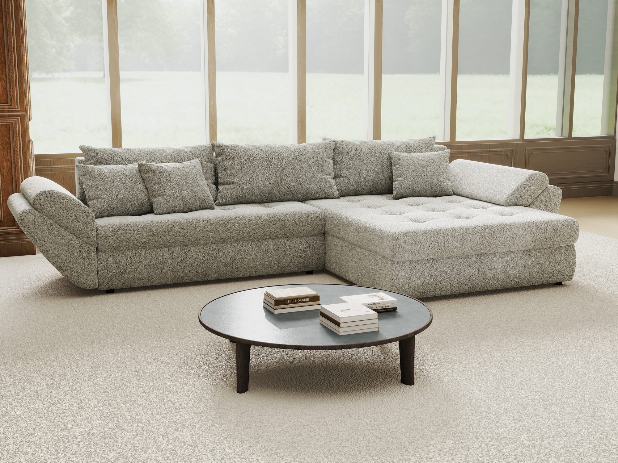 Colțar extensibil dumonde cu ladă de depozitare si sezut confortabil din spuma high-density, Loana Arena Gri II 270x185 cm
