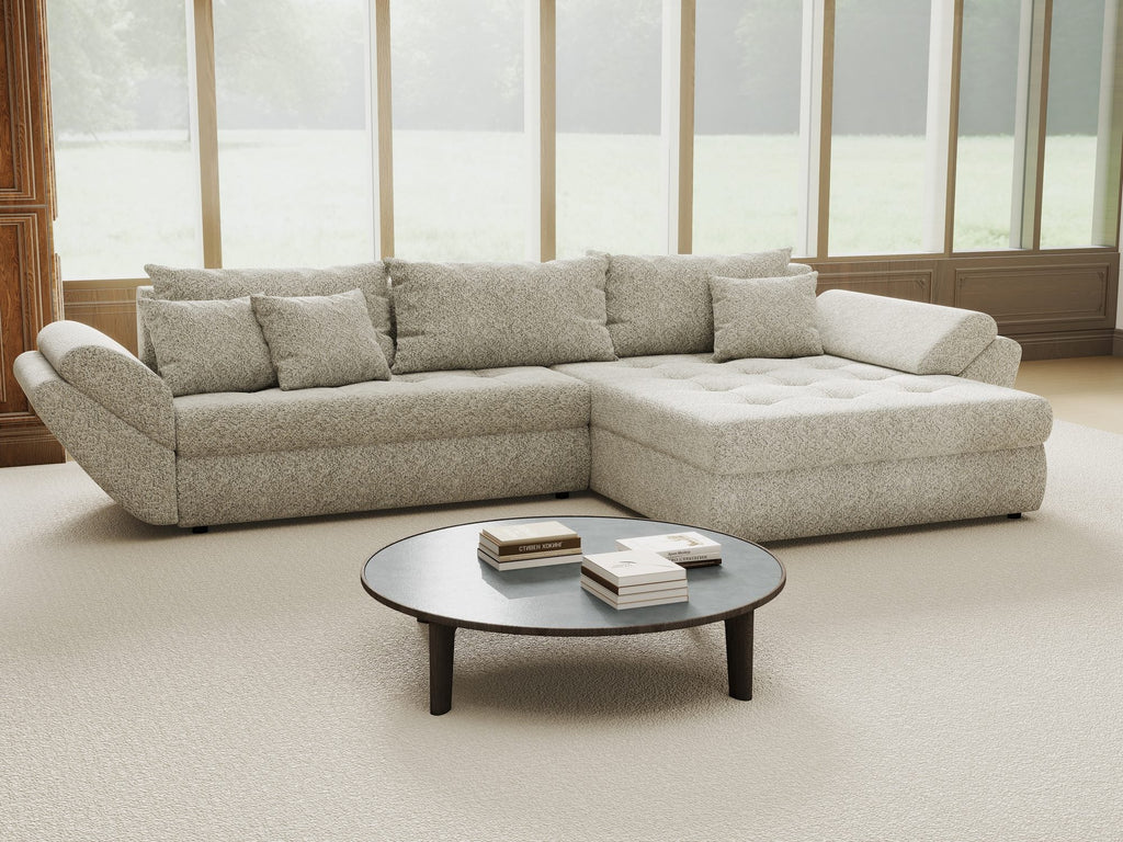Colțar extensibil dumonde cu ladă de depozitare si sezut confortabil din spuma high-density, Loana Arena Bej II 270x185 cm