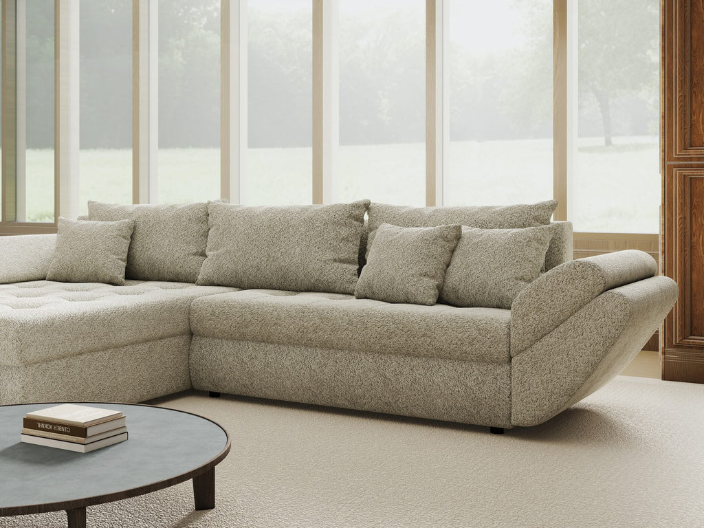 Colțar extensibil dumonde cu ladă de depozitare si sezut confortabil din spuma high-density, Loana Arena Bej 270x185 cm
