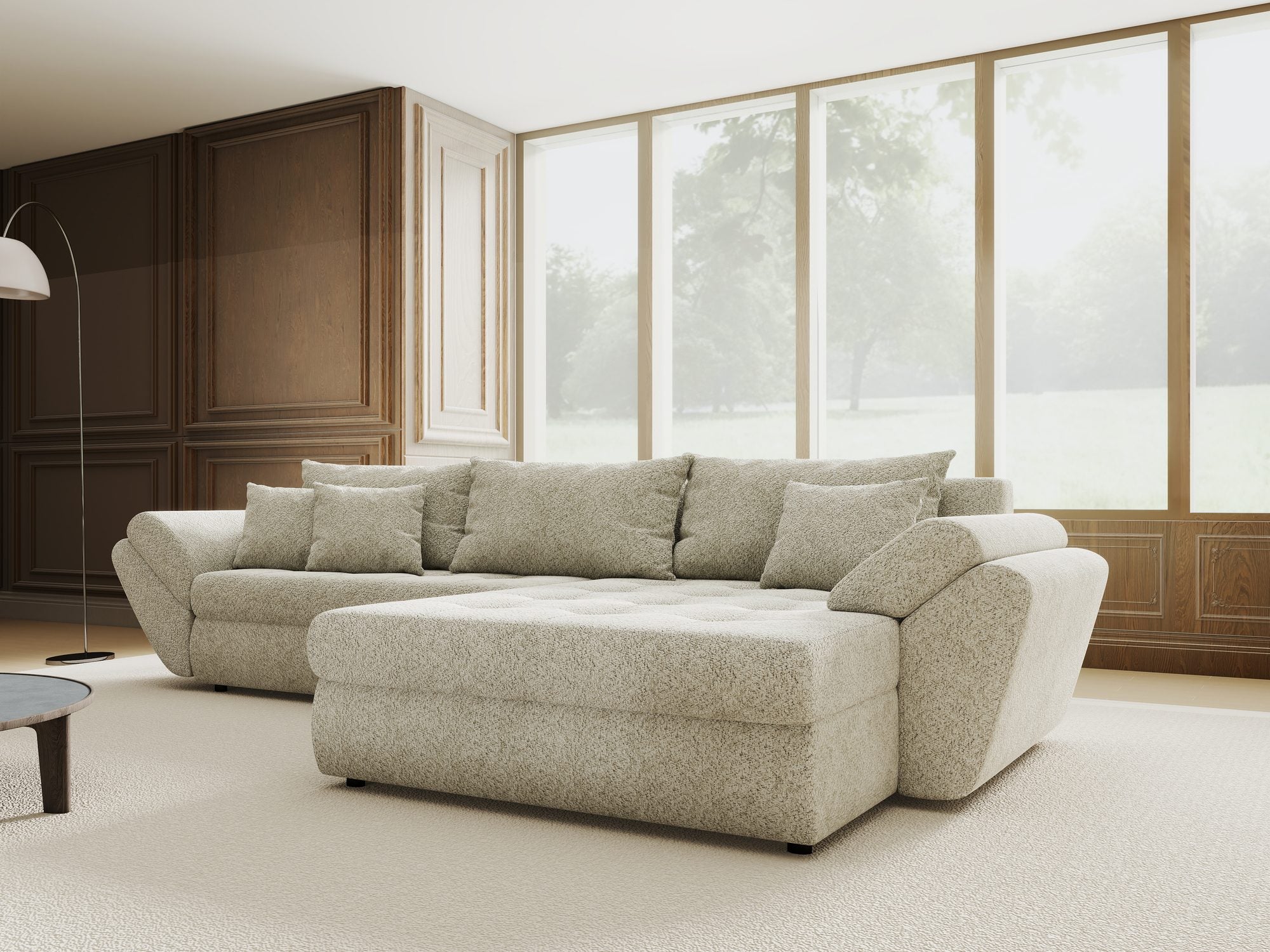 Colțar extensibil dumonde cu ladă de depozitare si sezut confortabil din spuma high-density, Loana Arena Bej II 270x185 cm