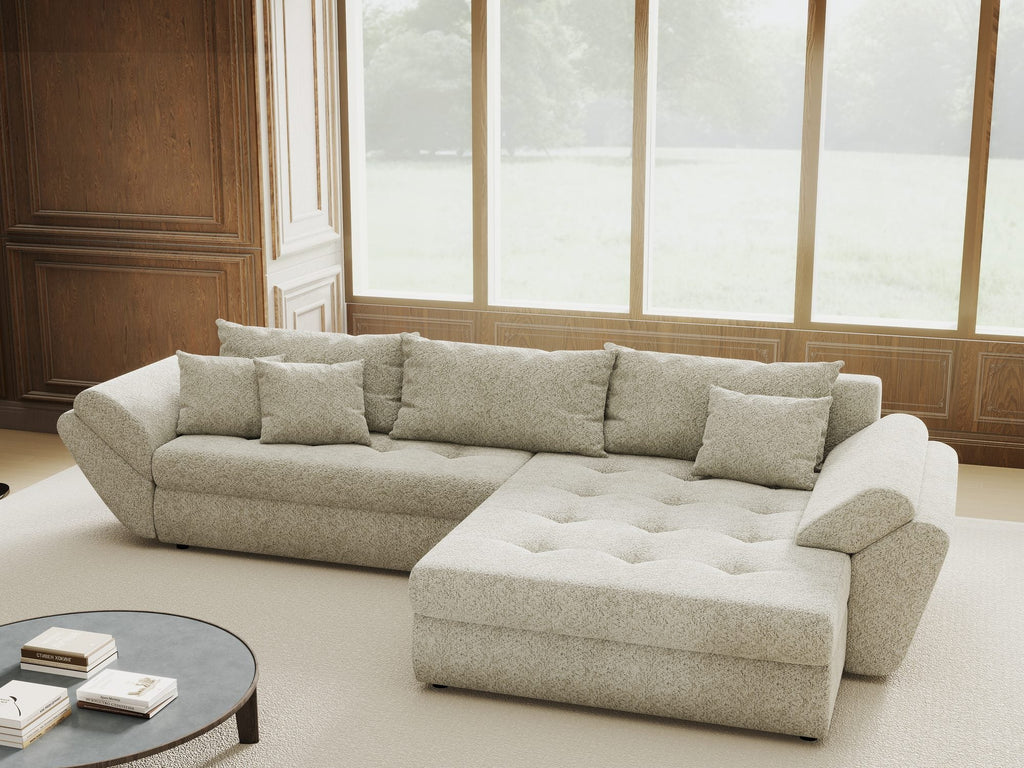 Colțar extensibil dumonde cu ladă de depozitare si sezut confortabil din spuma high-density, Loana Arena Bej II 270x185 cm