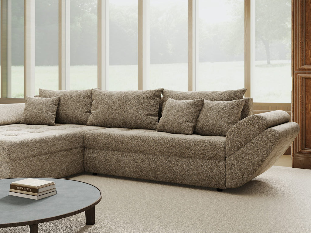 Colțar extensibil dumonde cu ladă de depozitare si sezut confortabil din spuma high-density, Loana Arena Bej 270x185 cm