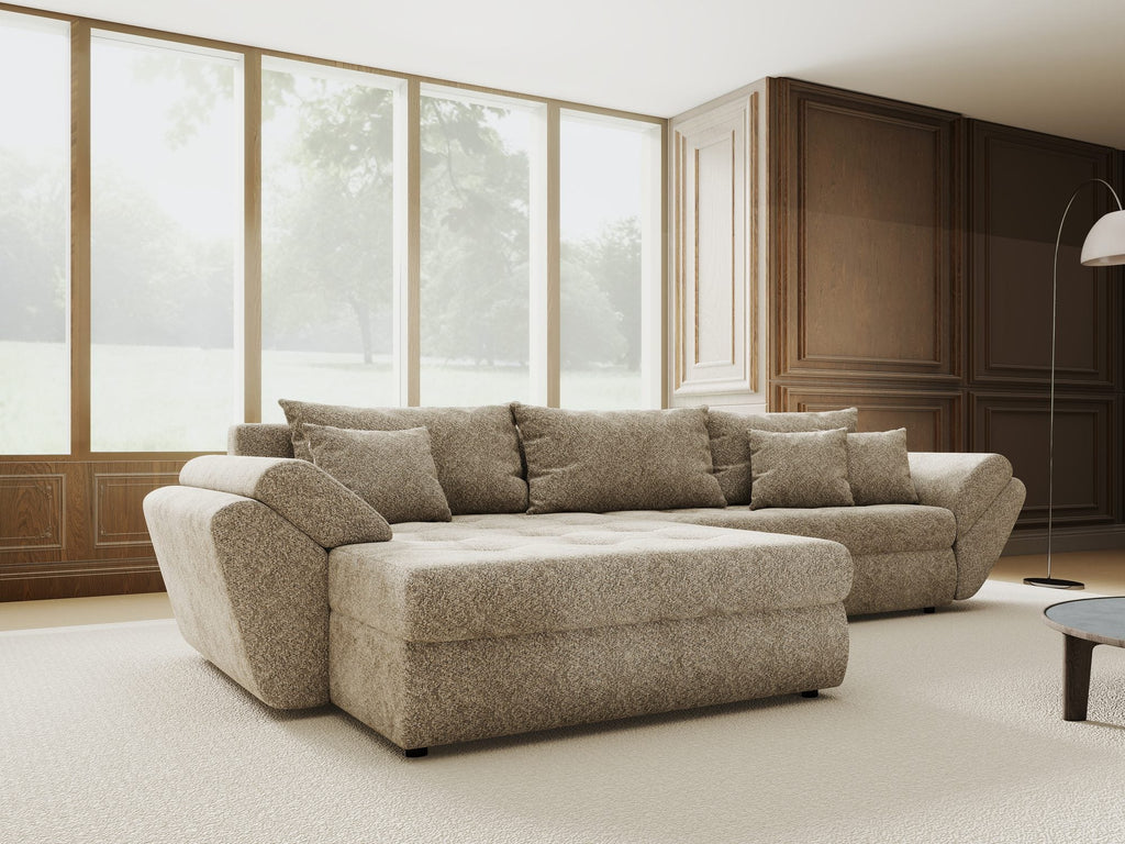 Colțar extensibil dumonde cu ladă de depozitare si sezut confortabil din spuma high-density, Loana Arena Bej 270x185 cm