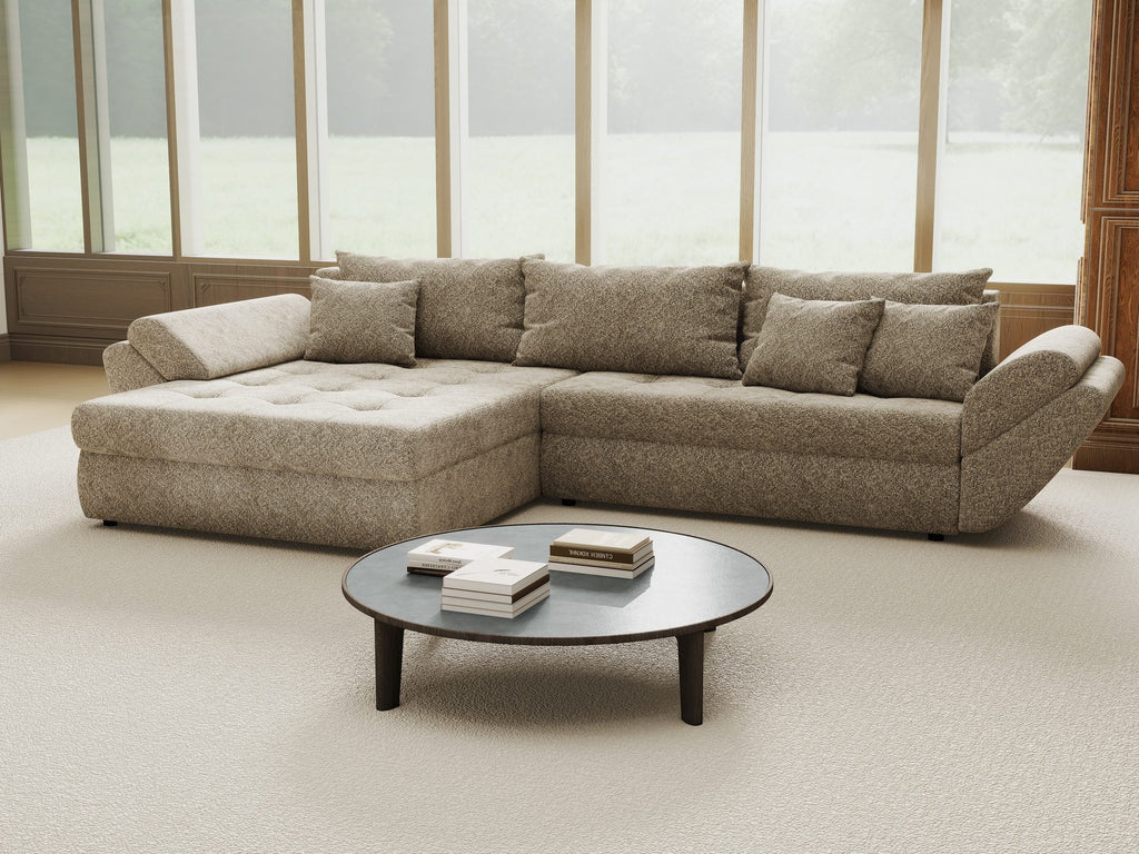 Colțar extensibil dumonde cu ladă de depozitare si sezut confortabil din spuma high-density, Loana Arena Bej 270x185 cm