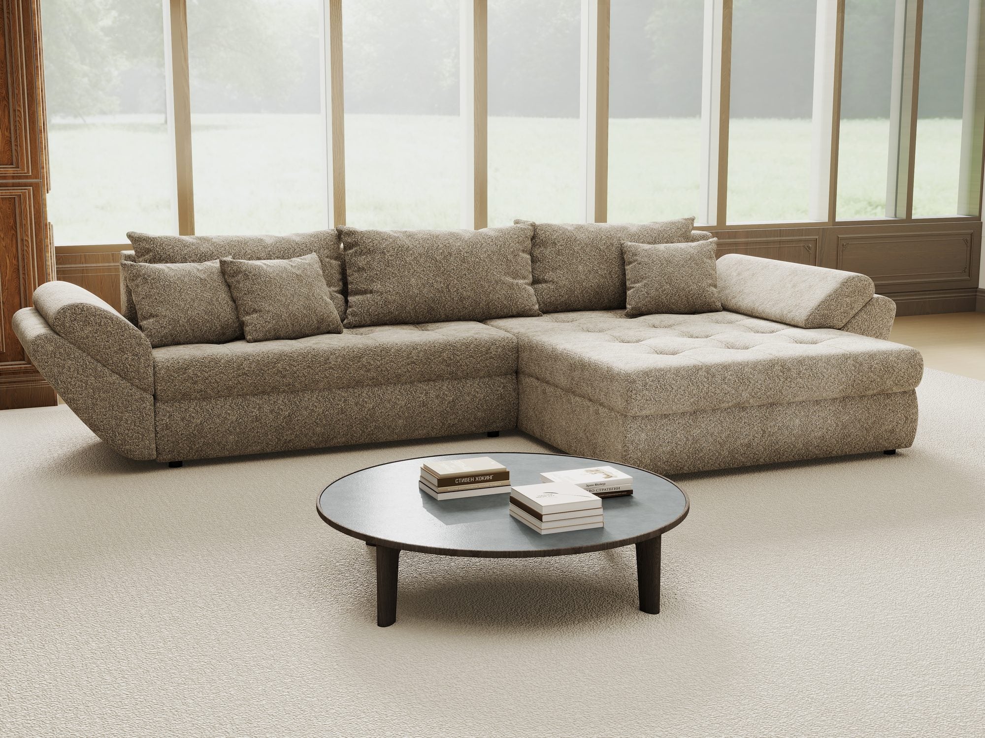 Colțar extensibil dumonde cu ladă de depozitare si sezut confortabil din spuma high-density, Loana Arena Bej II 270x185 cm