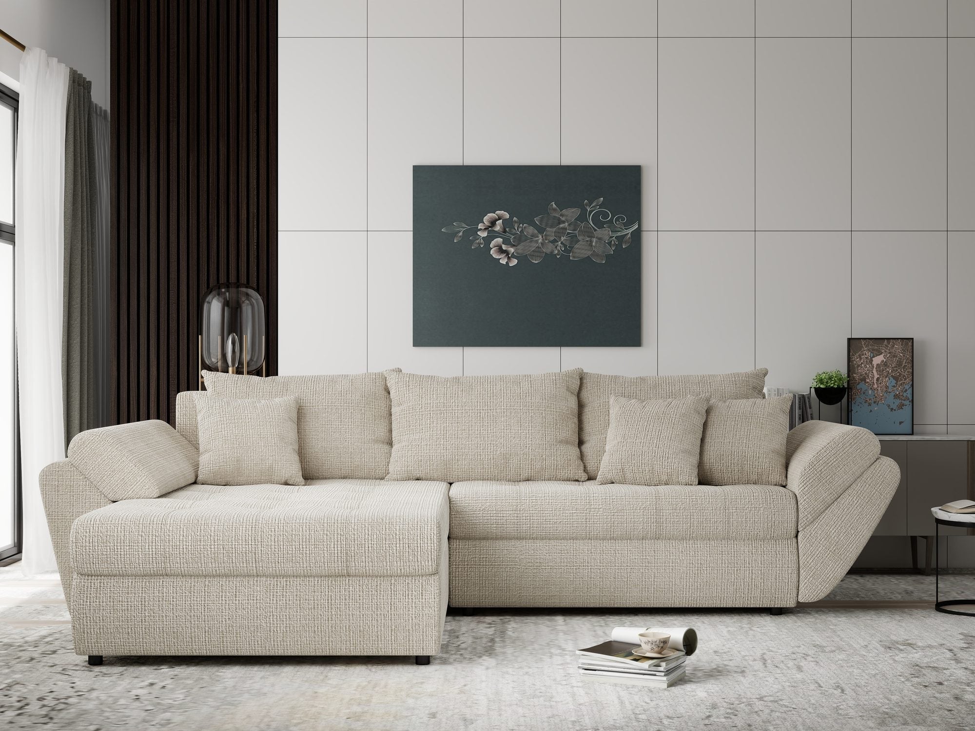 Colțar extensibil dumonde cu ladă de depozitare si sezut confortabil din spuma high-density, Loana Cremona Gri deschis 270x185 cm
