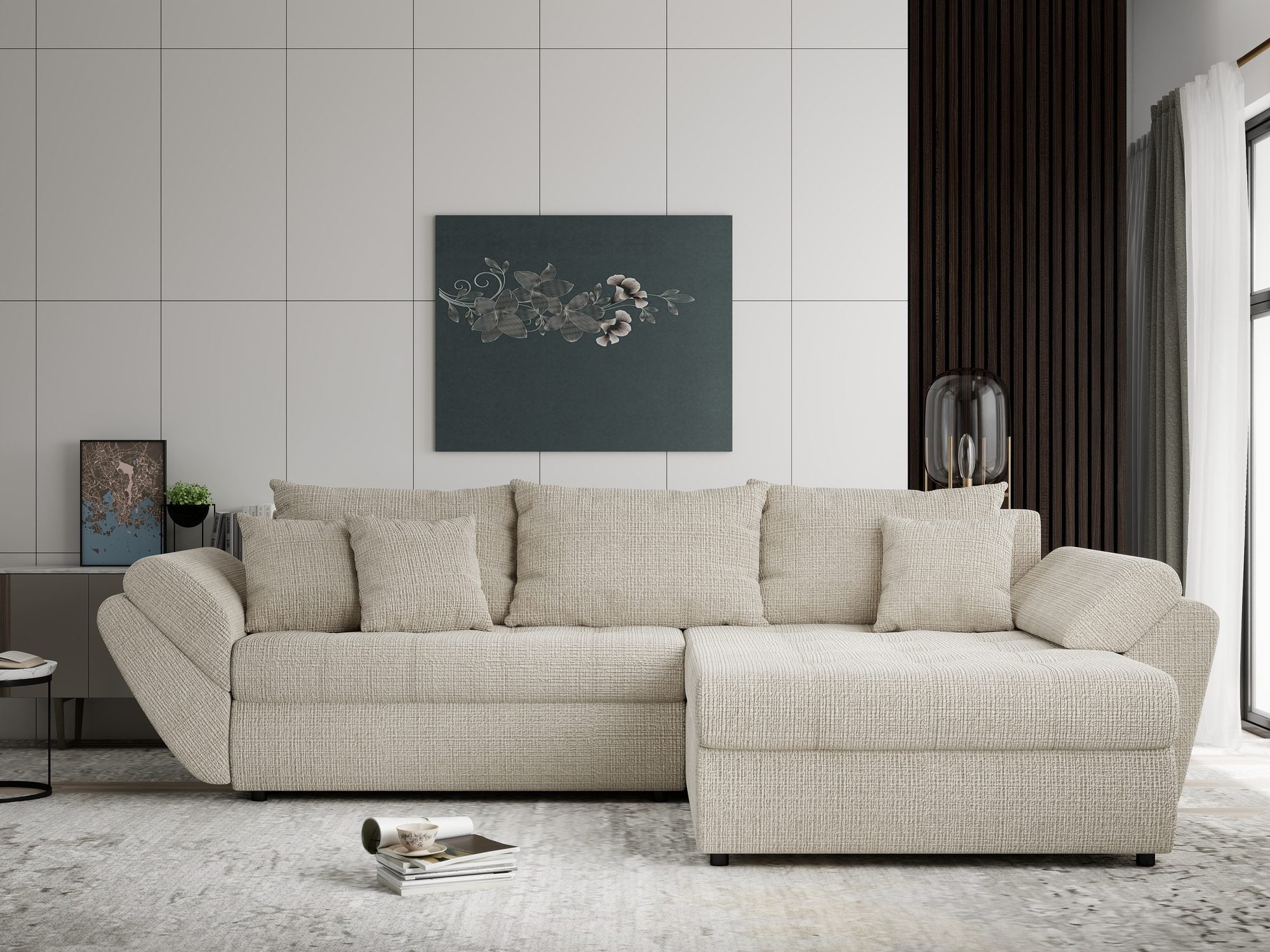 Colțar extensibil dumonde cu ladă de depozitare si sezut confortabil din spuma high-density, Loana Cremona Gri deschis II 270x185 cm