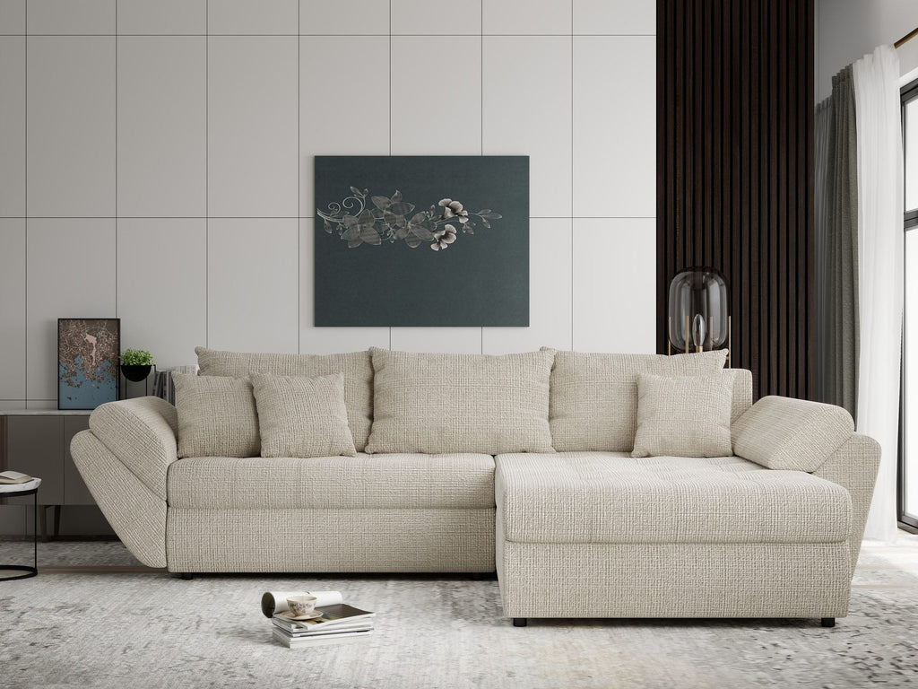 Colțar extensibil dumonde cu ladă de depozitare si sezut confortabil din spuma high-density, Loana Cremona Gri deschis II 270x185 cm