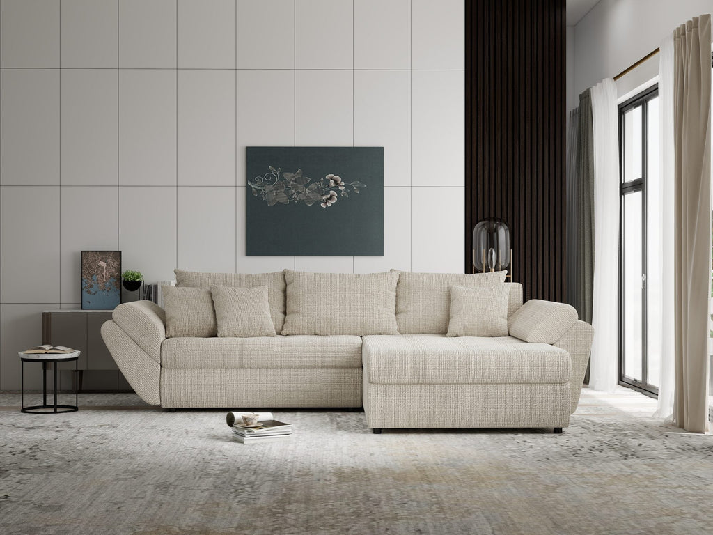 Colțar extensibil dumonde cu ladă de depozitare si sezut confortabil din spuma high-density, Loana Cremona Gri deschis II 270x185 cm