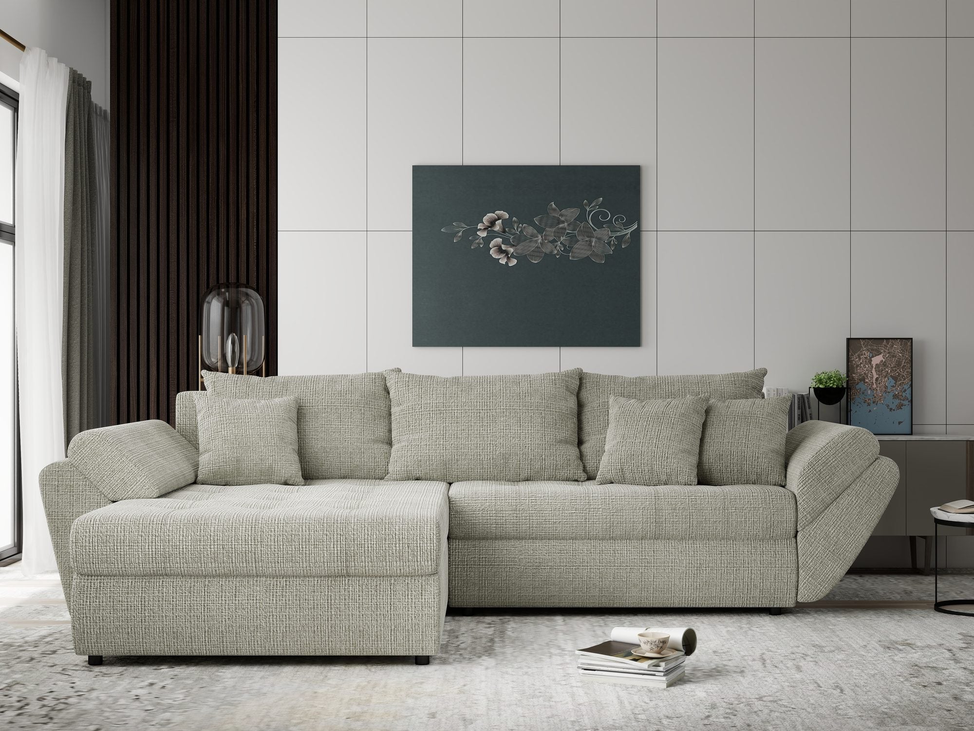 Colțar extensibil dumonde cu ladă de depozitare si sezut confortabil din spuma high-density, Loana Cremona Bej 270x185 cm