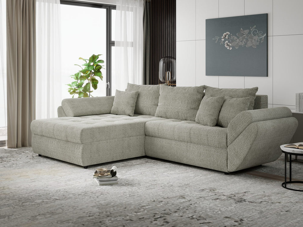 Colțar extensibil dumonde cu ladă de depozitare si sezut confortabil din spuma high-density, Loana Cremona Bej 270x185 cm