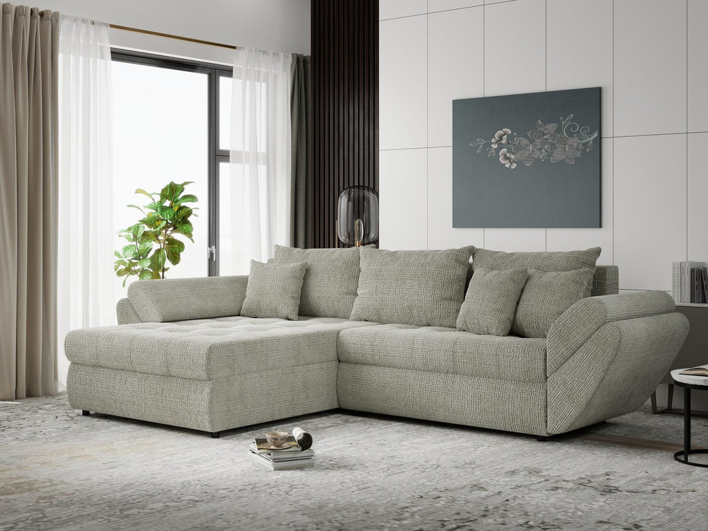 Colțar extensibil dumonde cu ladă de depozitare si sezut confortabil din spuma high-density, Loana Cremona Bej 270x185 cm
